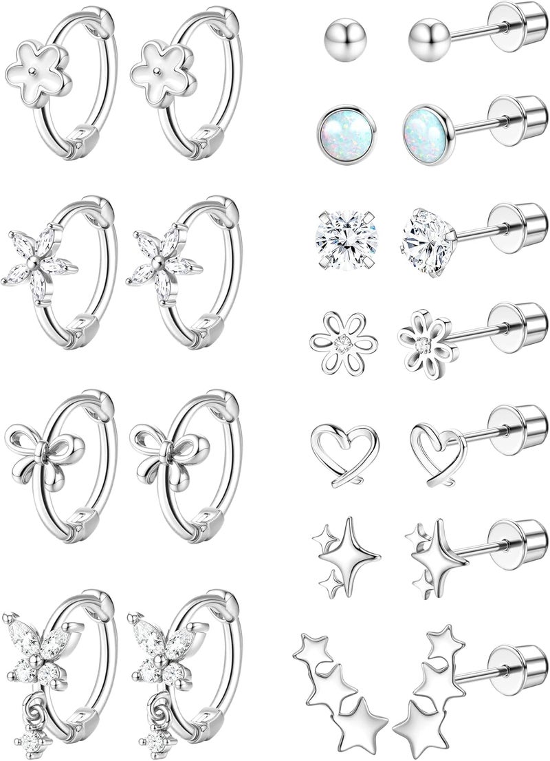 Yadoca Hypoallergenic Earrings for Girls Cute Kids Jewelry Screw Back Toddler Baby Huggie Hoops Earrings Studs Surgical Stainless Steel Earrings Set for Sensitive Ears Flower Heart Earrings for Women - Image 1